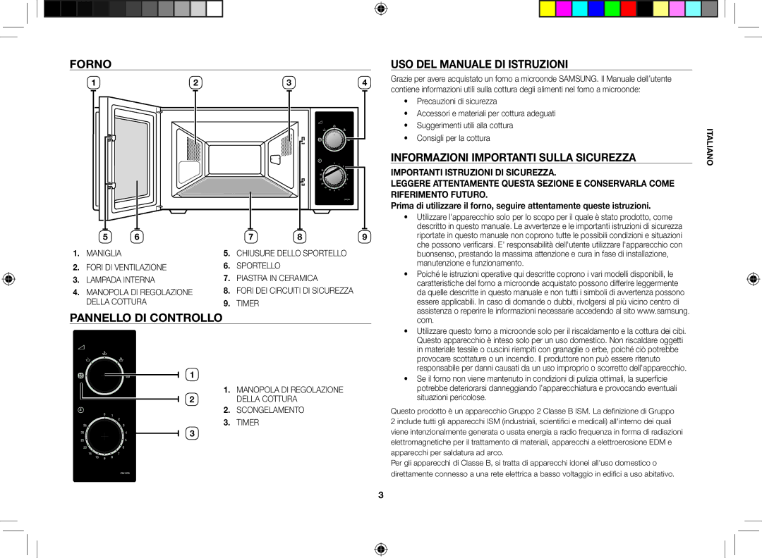 Samsung CM1079A-1/XEU Forno, Pannello di controllo, Uso del manuale di istruzioni, Informazioni importanti sulla sicurezza 