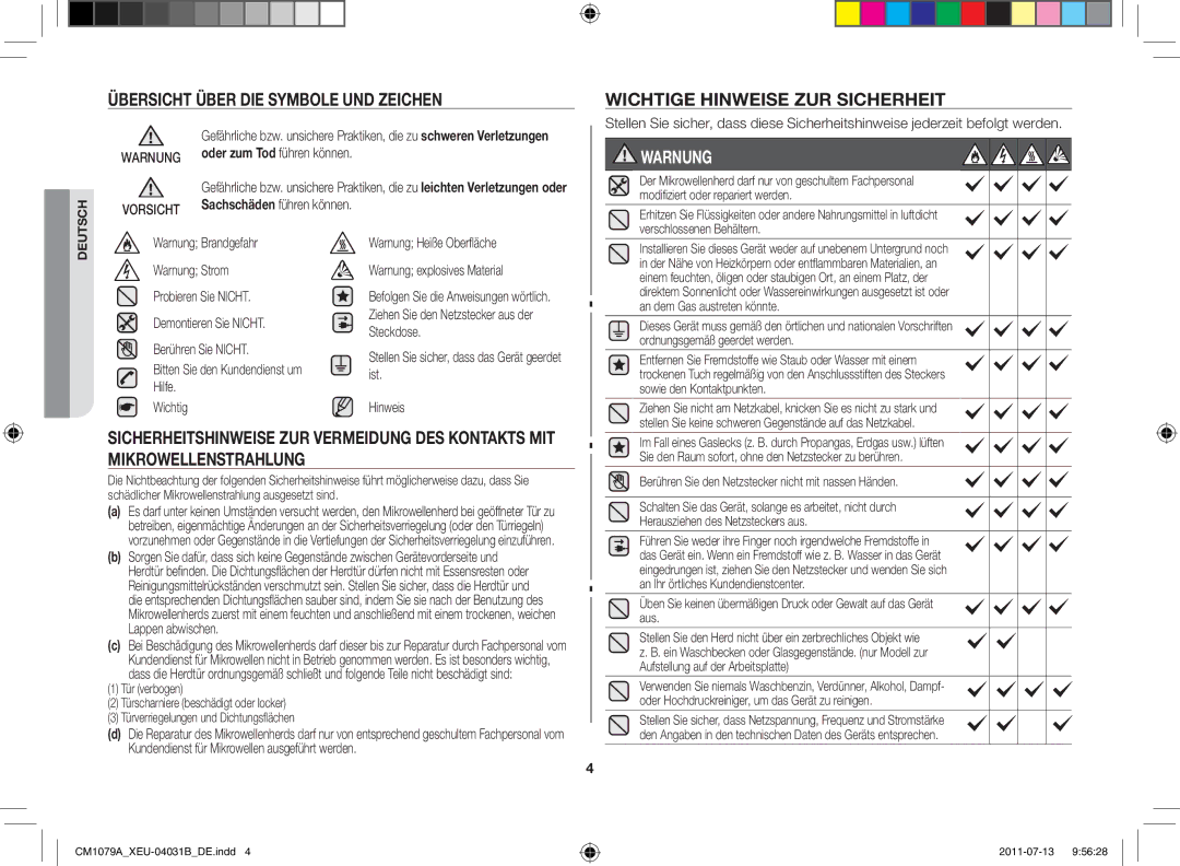 Samsung CM1079A-1/XEU manual Warnung, Sicherheitshinweise zur Vermeidung des Kontakts mit, Mikrowellenstrahlung 