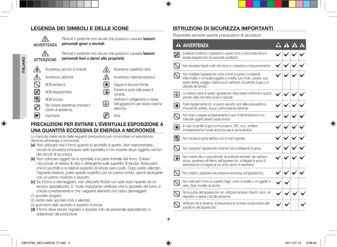 Samsung CM1079A-1/XEU Istruzioni di sicurezza importanti, Avvertenza, Precauzioni per evitare leventuale esposizione a 