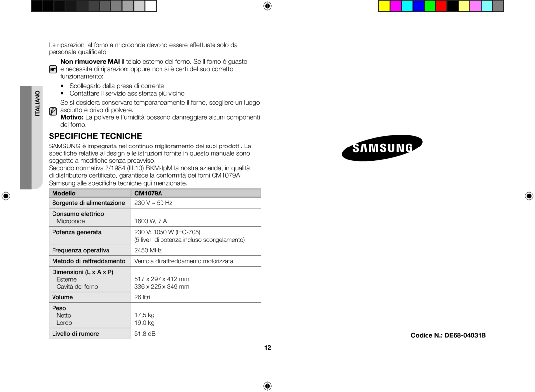 Samsung CM1079A-1/XEU manual Specifiche tecniche, Codice N. DE68-04031B, Modello CM1079A 