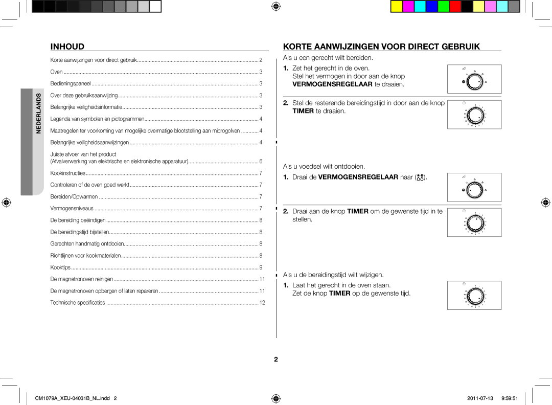 Samsung CM1079A-1/XEU manual Inhoud, Korte aanwijzingen voor direct gebruik, Draai de Vermogensregelaar naar 