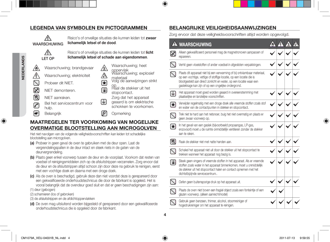 Samsung CM1079A-1/XEU manual Belangrijke veiligheidsaanwijzingen, Waarschuwing, Maatregelen ter voorkoming van mogelijke 