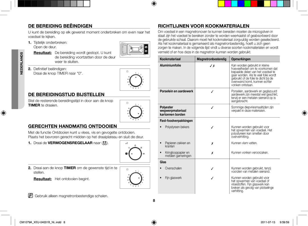 Samsung CM1079A-1/XEU manual De bereiding beëindigen, De bereidingstijd bijstellen, Gerechten handmatig ontdooien 