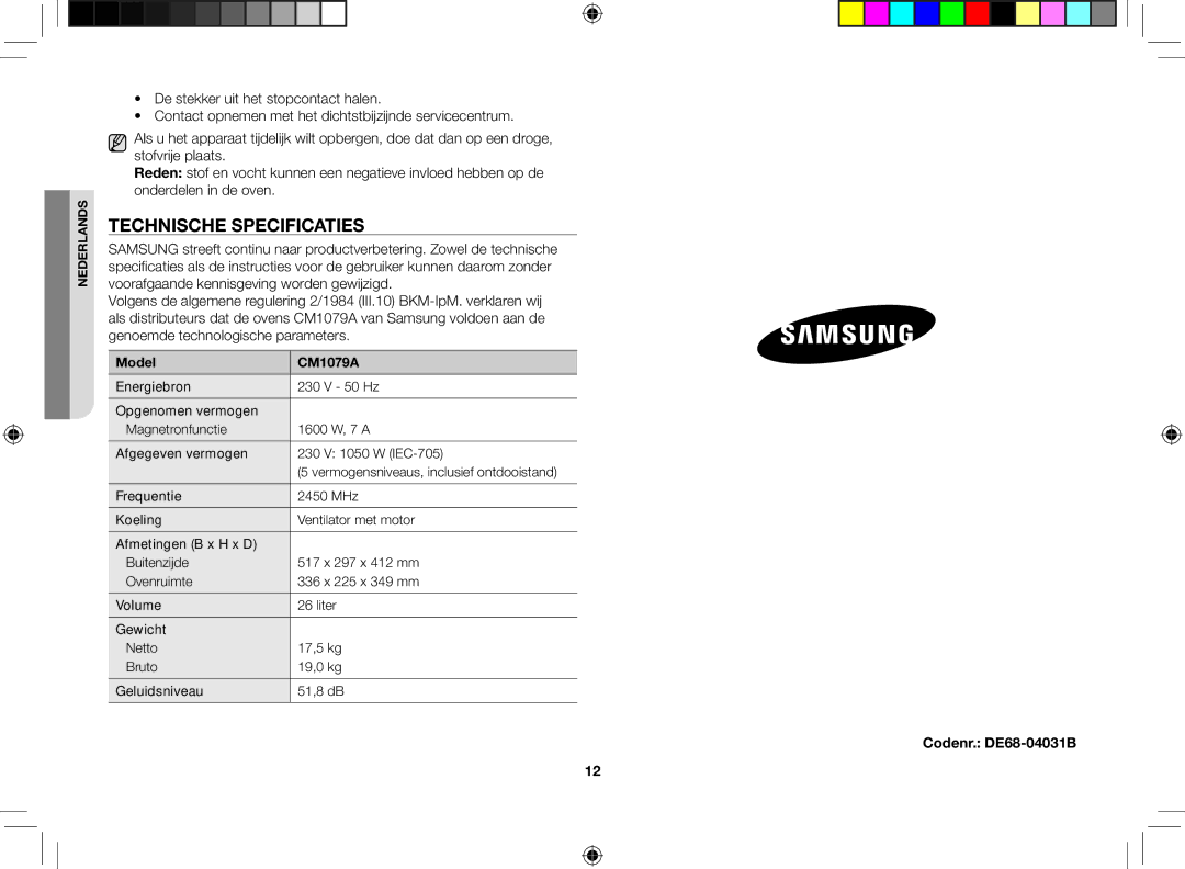 Samsung CM1079A-1/XEU manual Technische specificaties, Codenr. DE68-04031B, Model CM1079A 