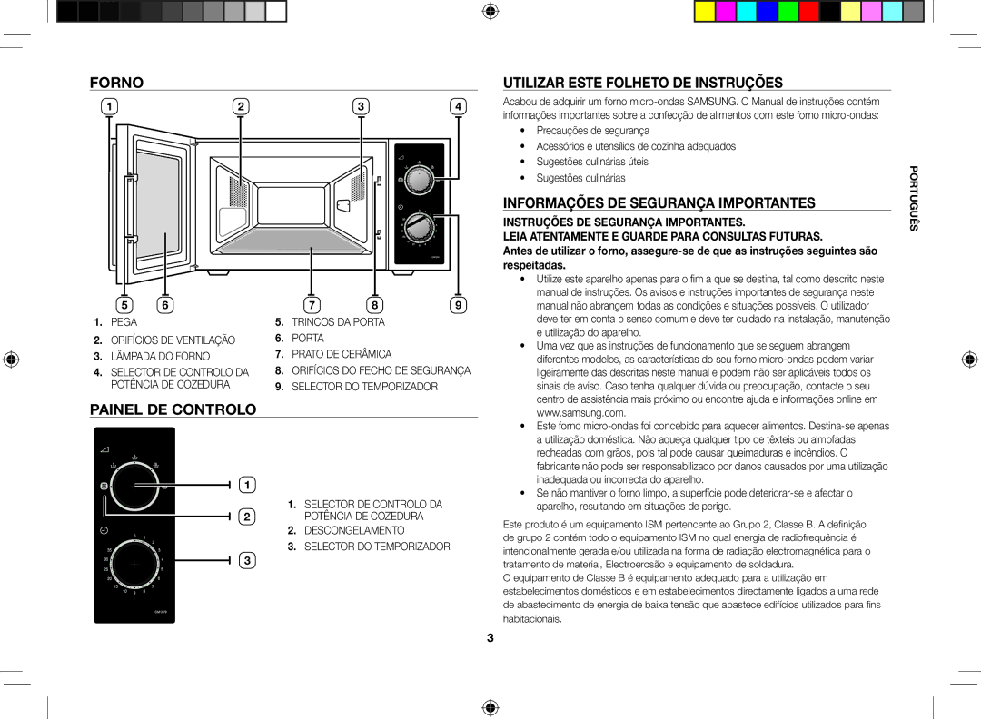 Samsung CM1079A-1/XEU Forno Utilizar este folheto de instruções, Informações de segurança importantes, Painel de controlo 