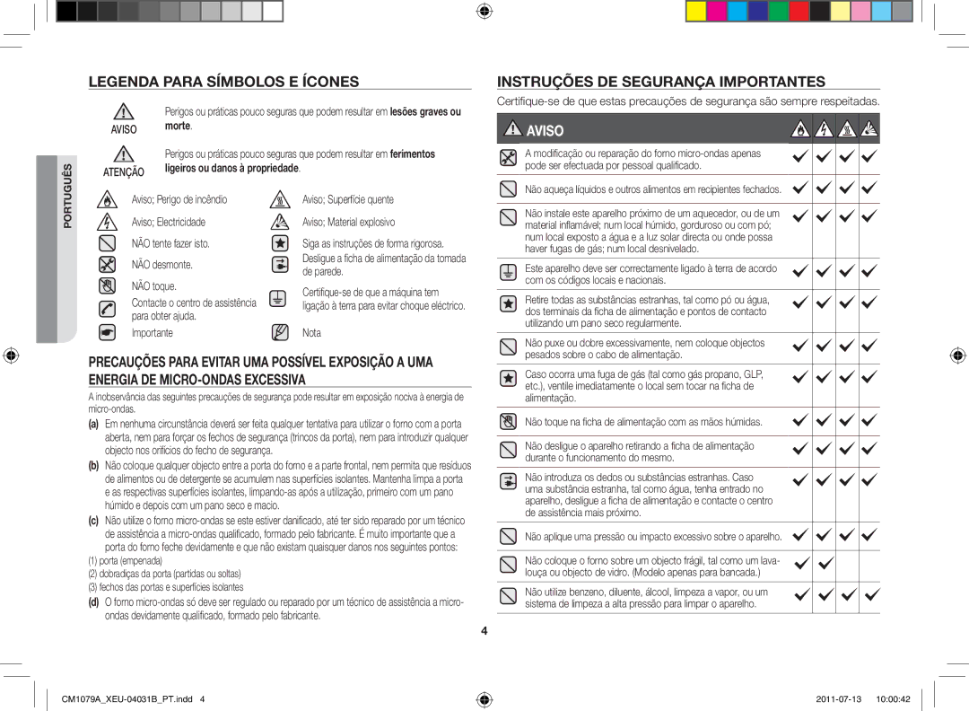 Samsung CM1079A-1/XEU Instruções de segurança importantes, Aviso, Precauções para evitar uma possível exposição a uma 