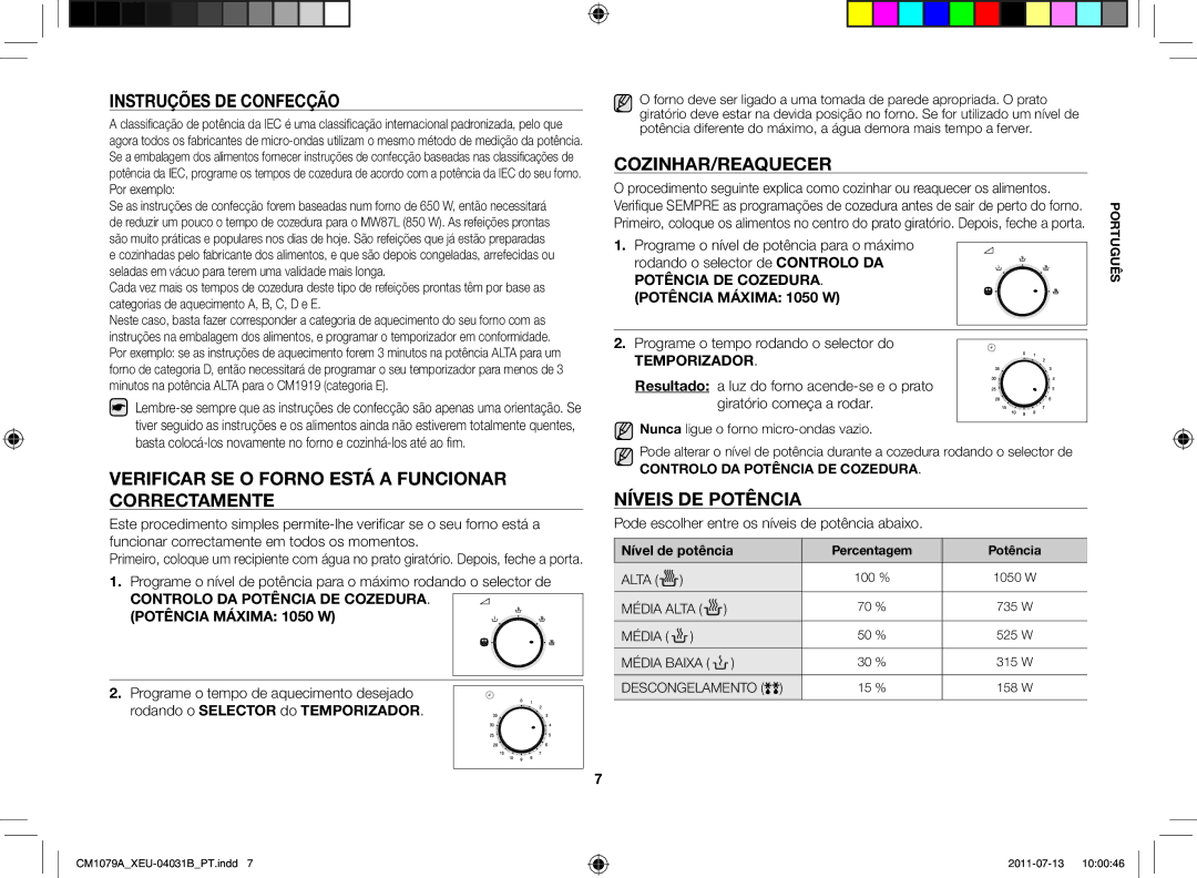 Samsung CM1079A-1/XEU Instruções de confecção, Verificar se o forno está a funcionar correctamente, Cozinhar/Reaquecer 