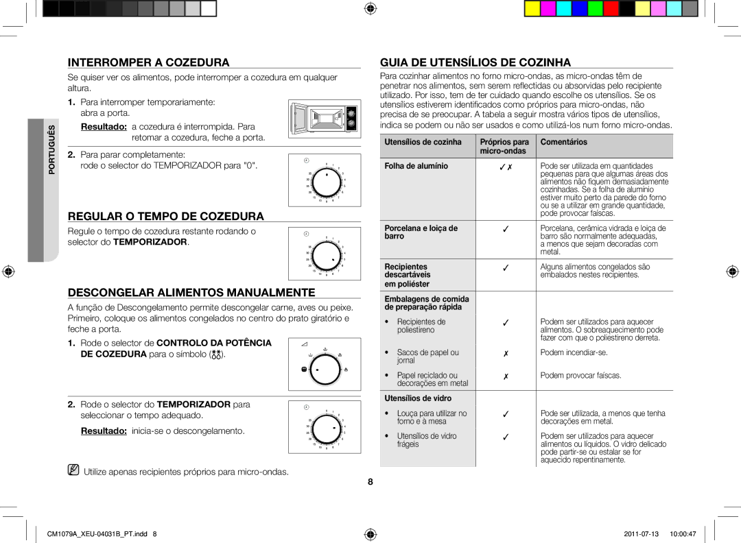 Samsung CM1079A-1/XEU Interromper a cozedura, Regular o tempo de cozedura, Descongelar alimentos manualmente 