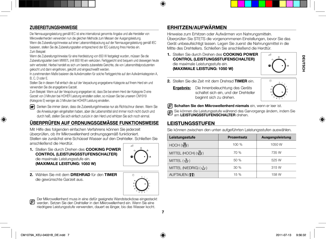 Samsung CM1079A-1/XEU manual Zubereitungshinweise, Überprüfen auf ordnungsgemäSSe Funktionsweise, Erhitzen/Aufwärmen 