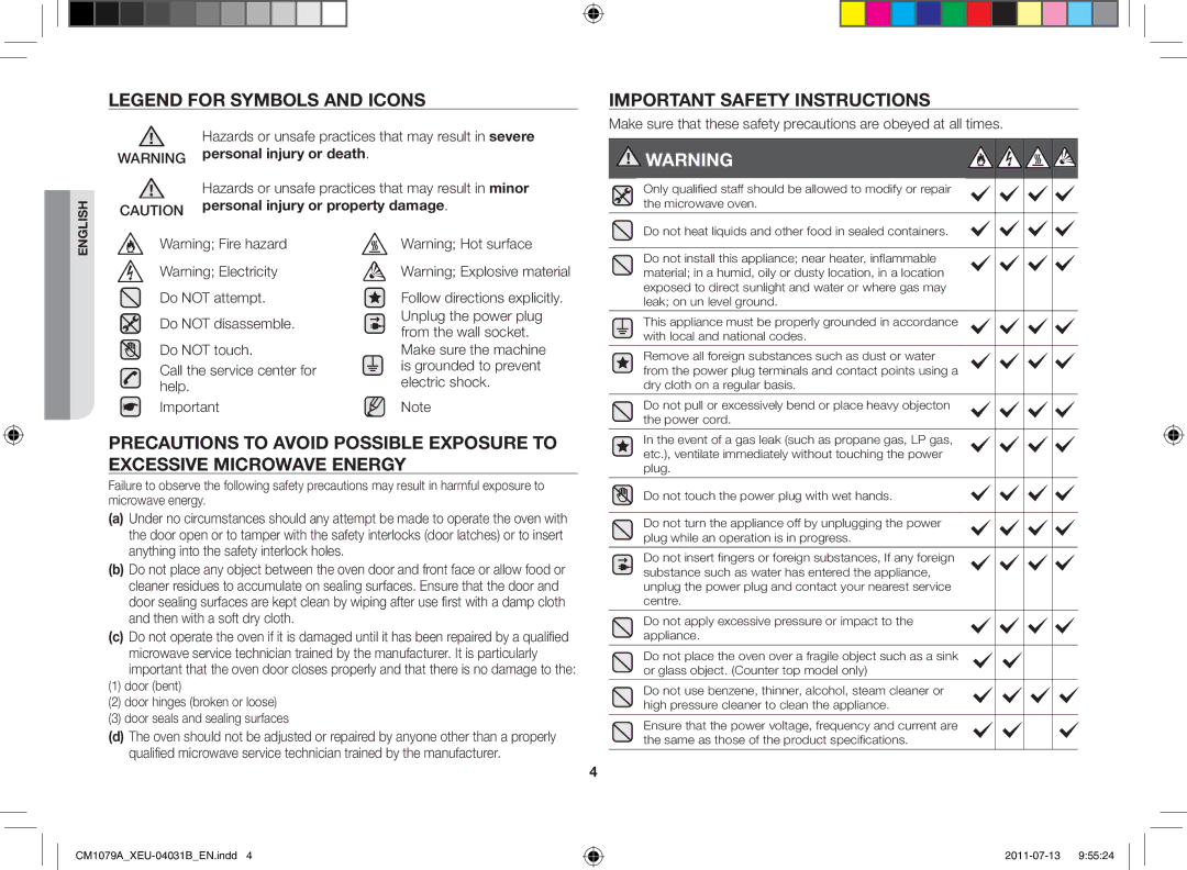 Samsung CM1079A-1/XEU Important safety instructions, Precautions to avoid possible exposure to, Excessive microwave energy 