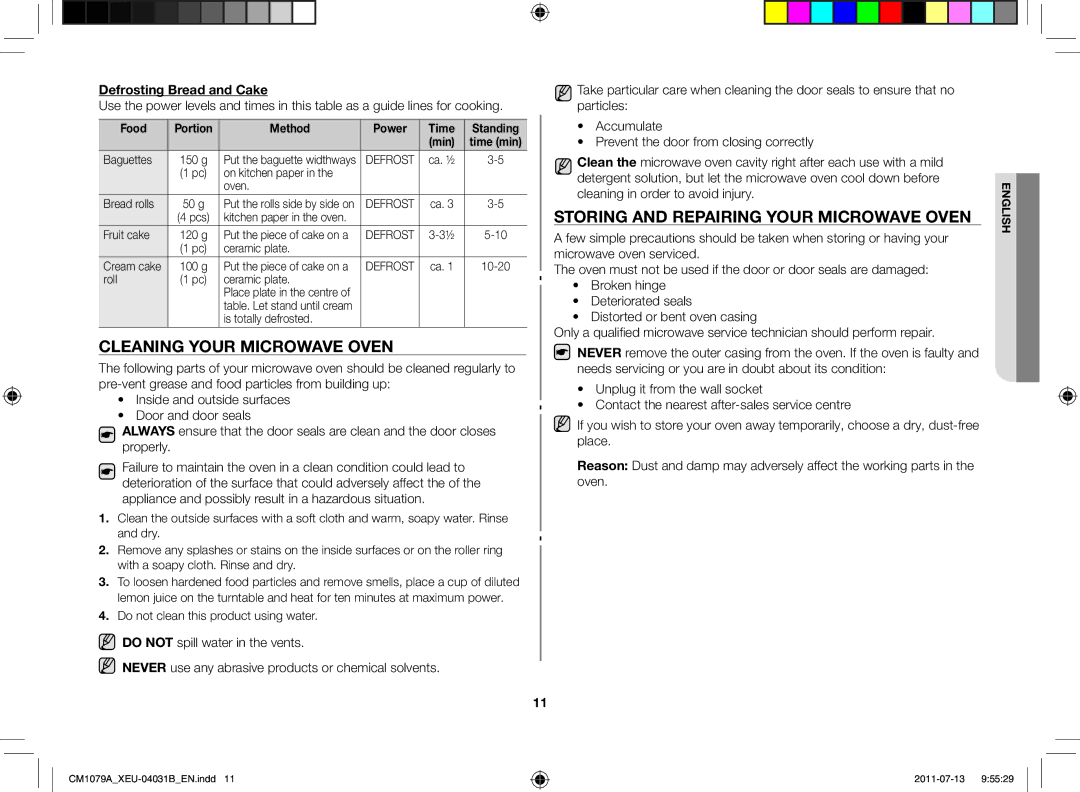 Samsung CM1079A-1/XEU Cleaning your microwave oven, Storing and repairing your microwave oven, Defrosting Bread and Cake 