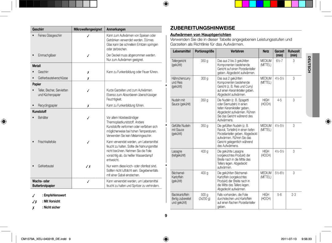 Samsung CM1079A-1/XEU manual Aufwärmen von Hauptgerichten 