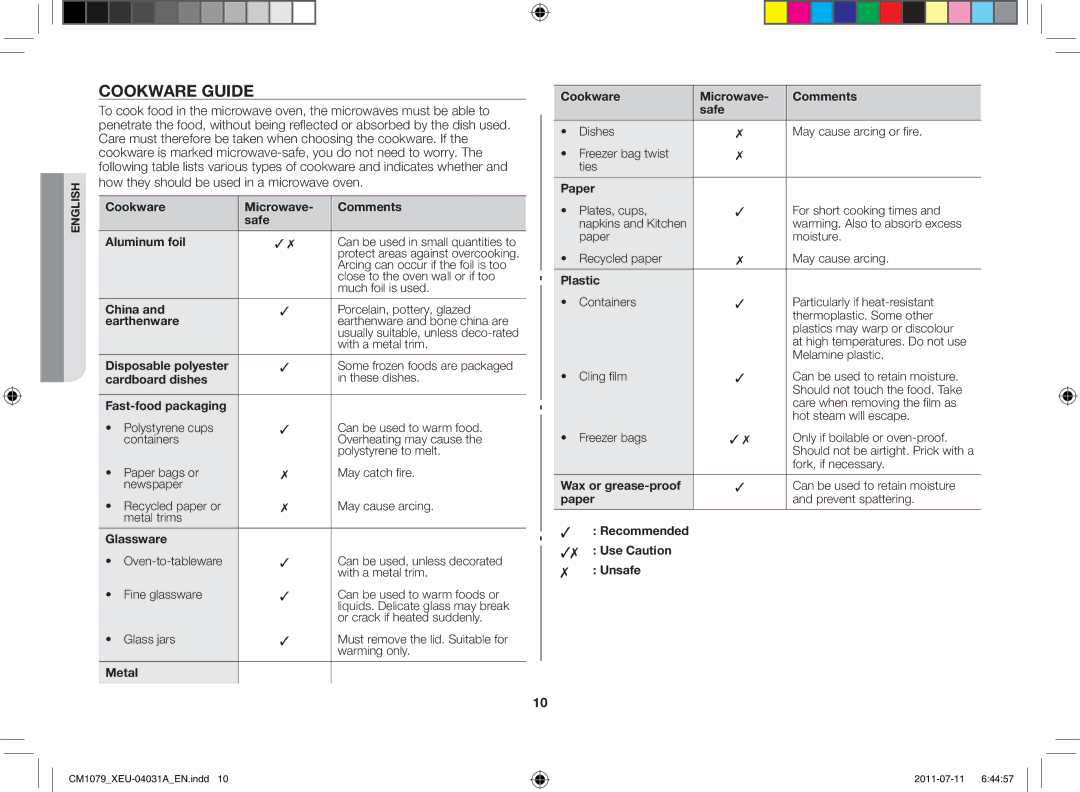 Samsung CM1079A-1/XEU manual Cookware guide, Cookware Microwave Comments Safe Aluminum foil 