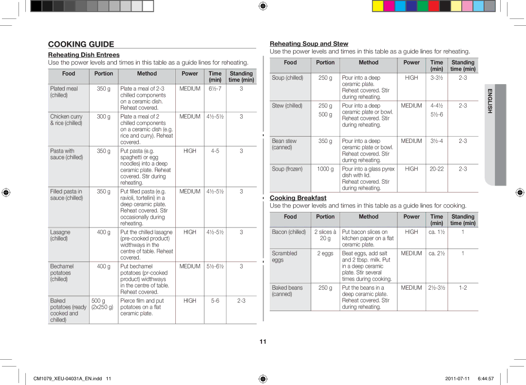 Samsung CM1079A-1/XEU manual Cooking guide, Reheating Dish Entrees, Reheating Soup and Stew, Cooking Breakfast 