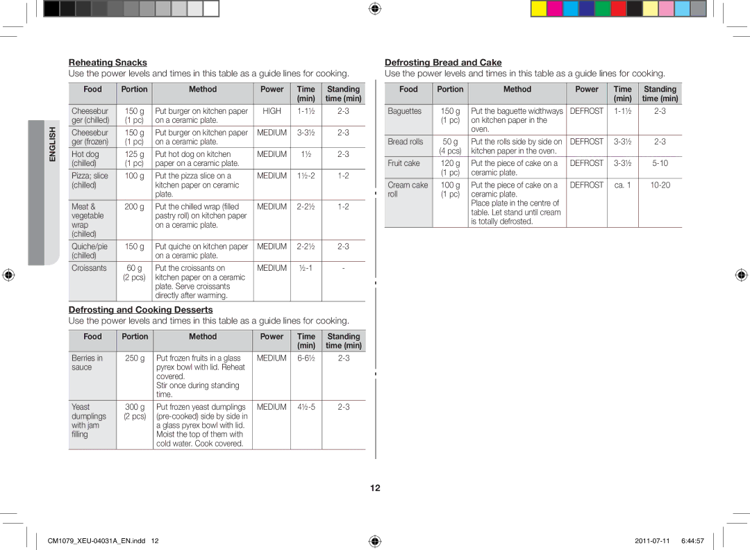 Samsung CM1079A-1/XEU manual Reheating Snacks, Defrosting and Cooking Desserts, Defrosting Bread and Cake 
