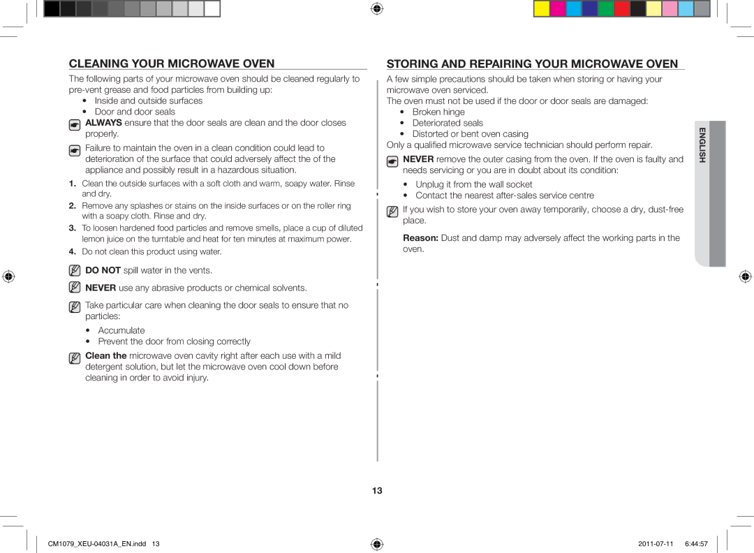 Samsung CM1079A-1/XEU manual Cleaning your microwave oven, Storing and repairing your microwave oven 