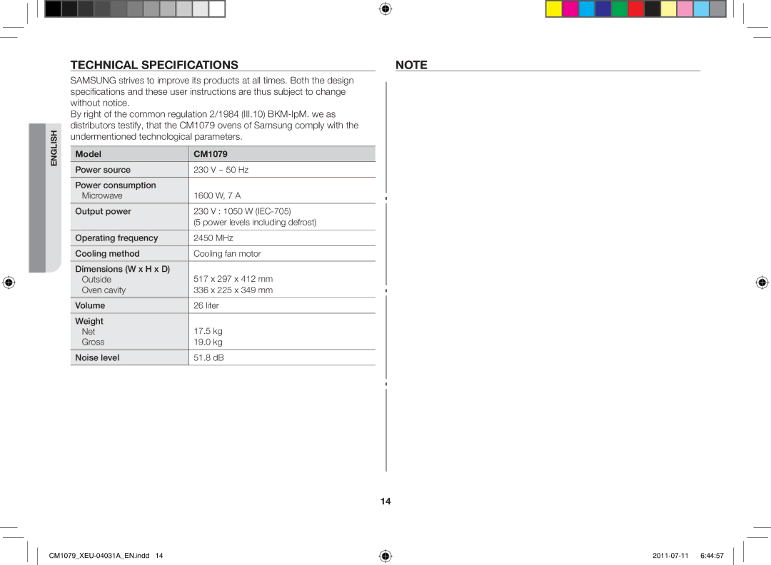 Samsung CM1079A-1/XEU manual Technical specifications, Model CM1079 