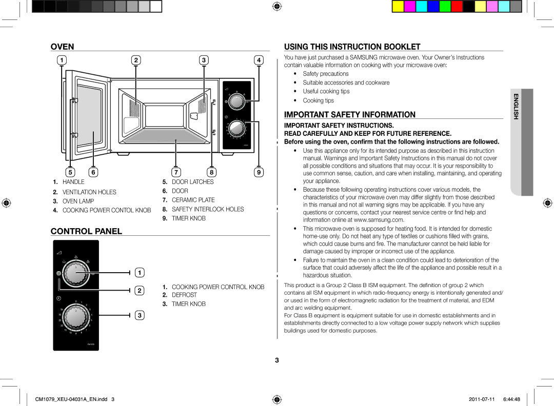 Samsung CM1079A-1/XEU manual Oven, Control panel, Using this instruction booklet, Important safety information 