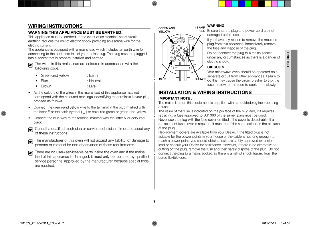 Samsung CM1079A-1/XEU manual Installation & Wiring instructions, Brown Live 