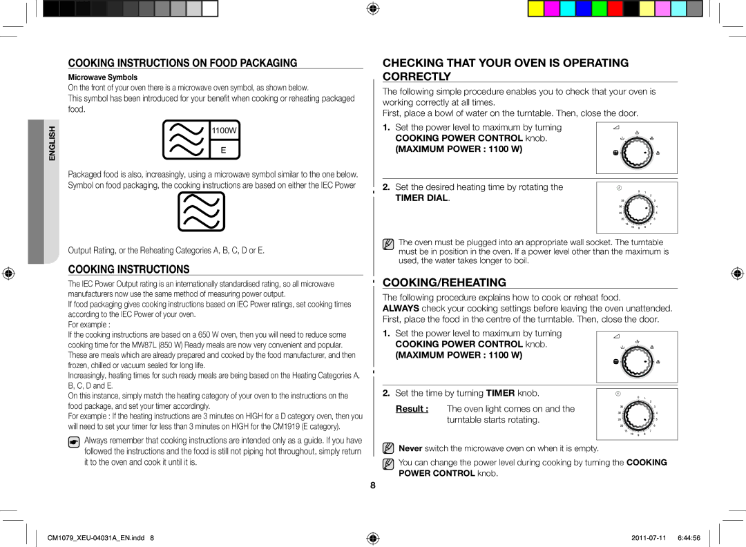 Samsung CM1079A-1/XEU manual Cooking instructions on food packaging, Cooking Instructions, Cooking/Reheating 