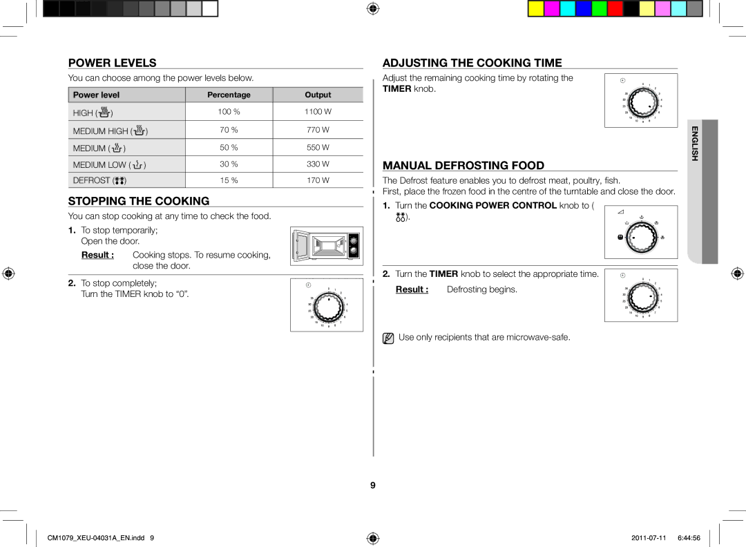 Samsung CM1079A-1/XEU Power levels, Stopping the cooking, Adjusting the cooking time, Manual defrosting food, Timer knob 