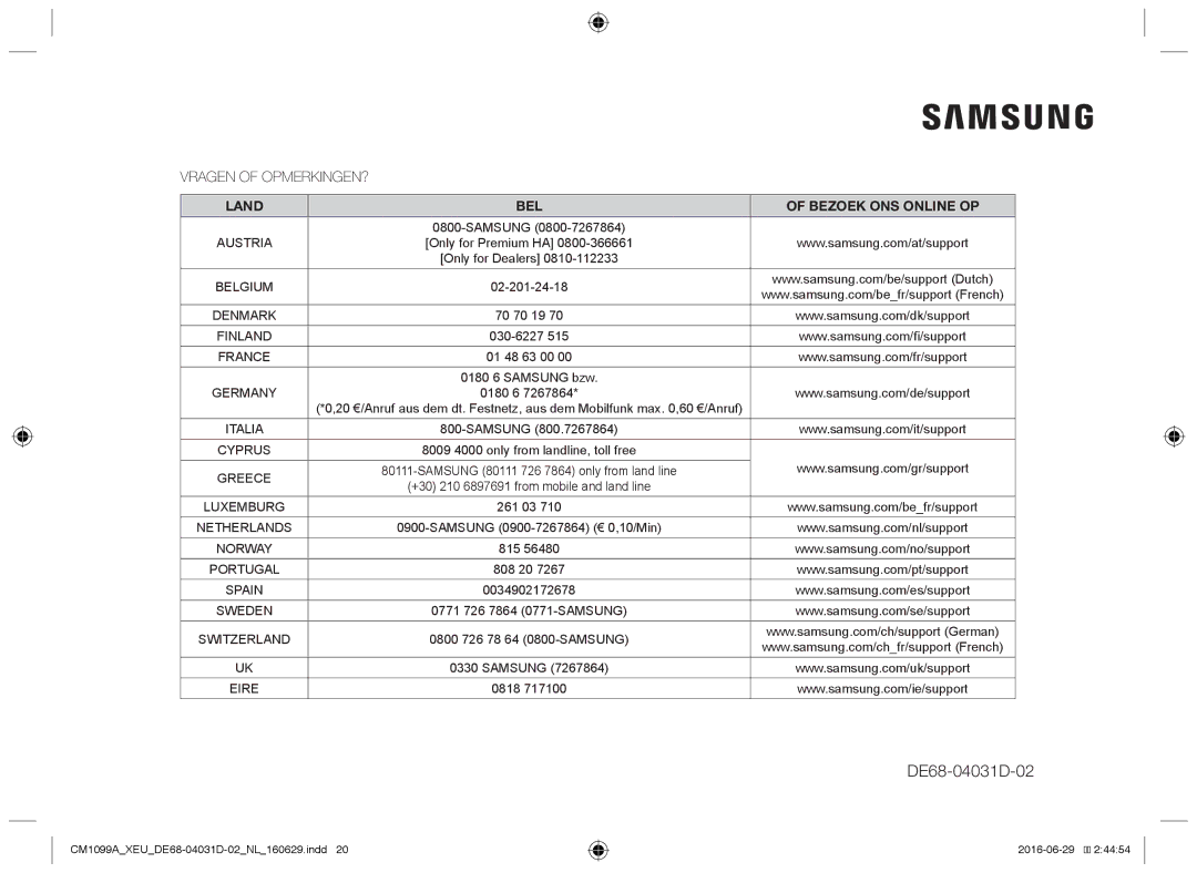 Samsung CM1099A/XEU manual Vragen of OPMERKINGEN?, Land BEL Bezoek ONS Online OP 