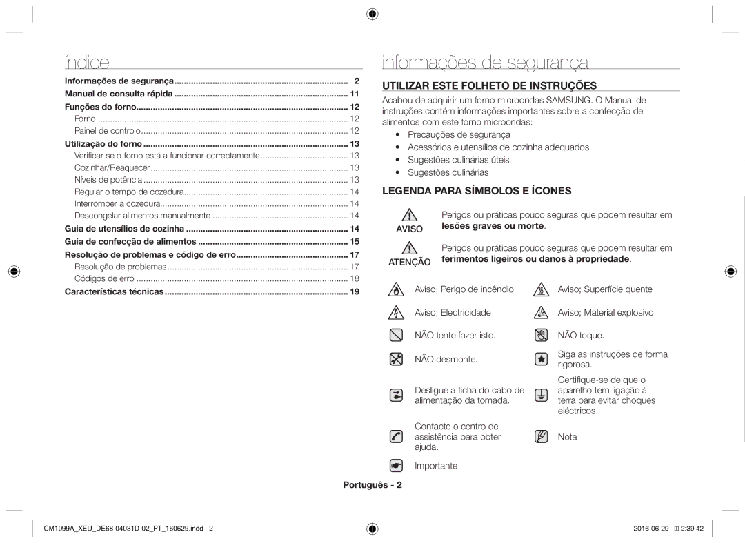 Samsung CM1099A/XEU Informações de segurança, Lesões graves ou morte, Atenção, Ferimentos ligeiros ou danos à propriedade 