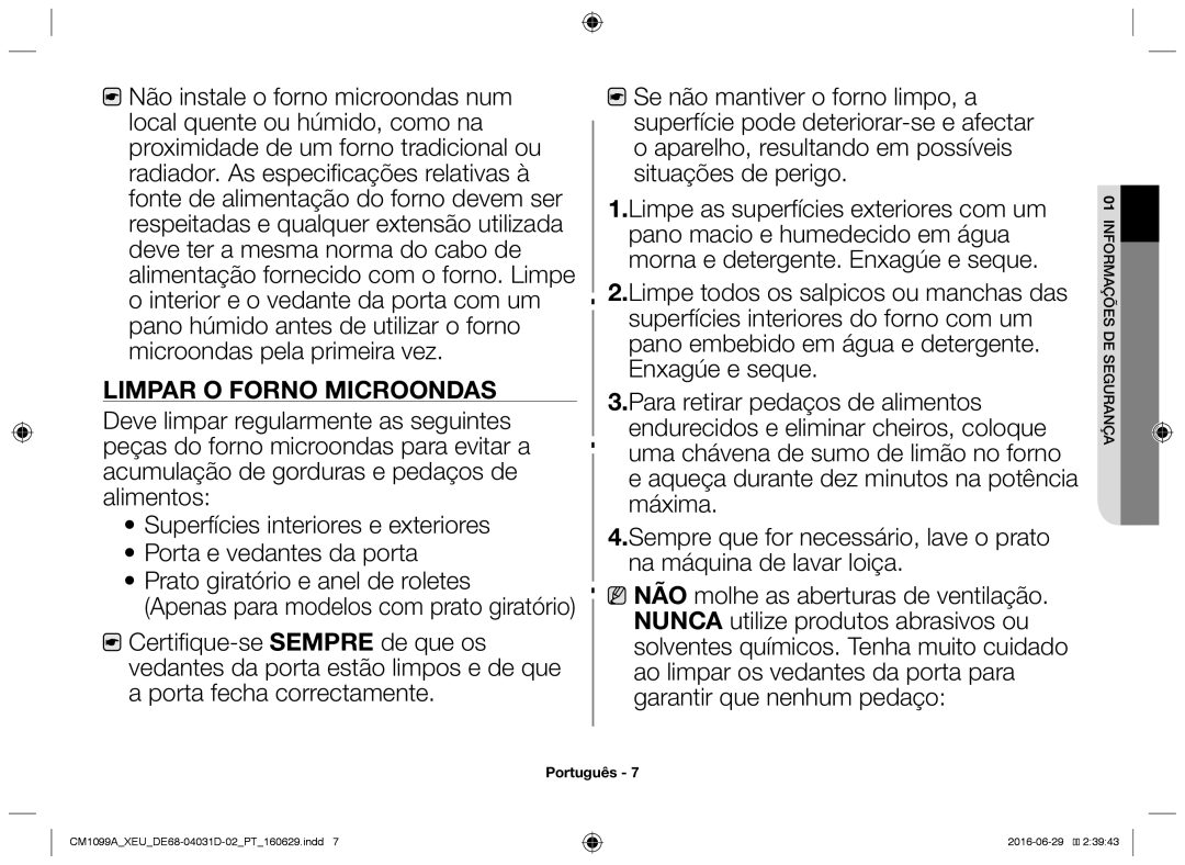 Samsung CM1099A/XEU manual Limpar o forno microondas 