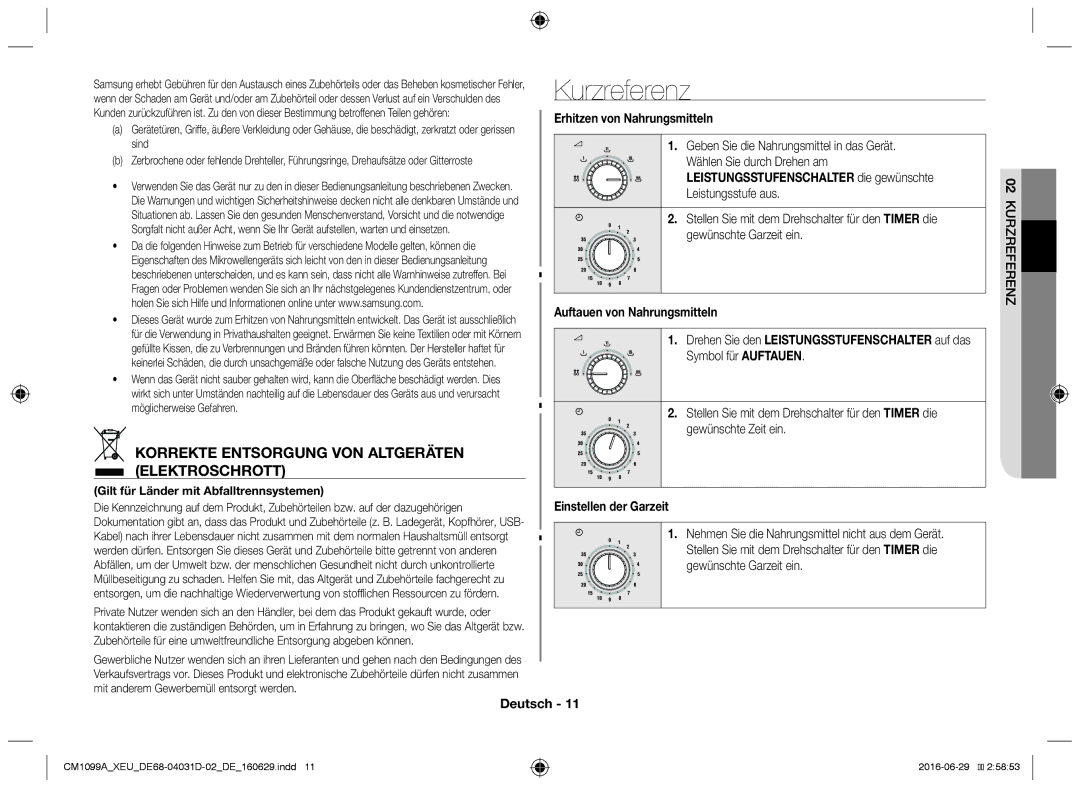 Samsung CM1099A/XEU manual Kurzreferenz, Erhitzen von Nahrungsmitteln, Einstellen der Garzeit 