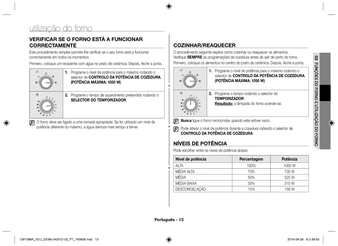 Samsung CM1099A/XEU manual Utilização do forno, Verificar se o forno está a funcionar correctamente, Cozinhar/Reaquecer 