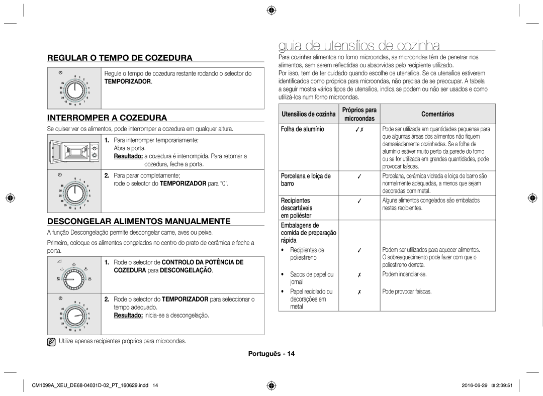 Samsung CM1099A/XEU manual Guia de utensílios de cozinha, Regular o tempo de cozedura, Interromper a cozedura, Comentários 