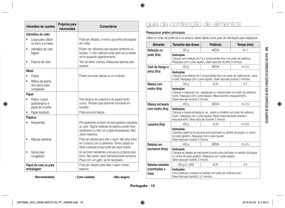 Samsung CM1099A/XEU manual Guia de confecção de alimentos 