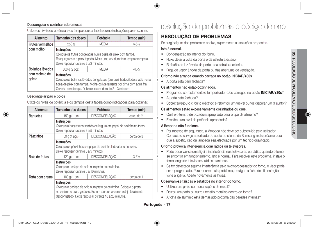 Samsung CM1099A/XEU manual Resolução de problemas e código de erro 