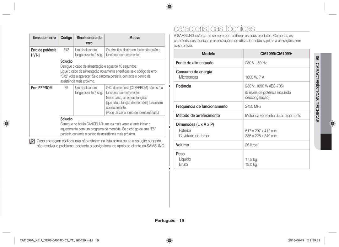 Samsung CM1099A/XEU manual Características técnicas, Erro Eeprom, Neste caso, as outras funções 