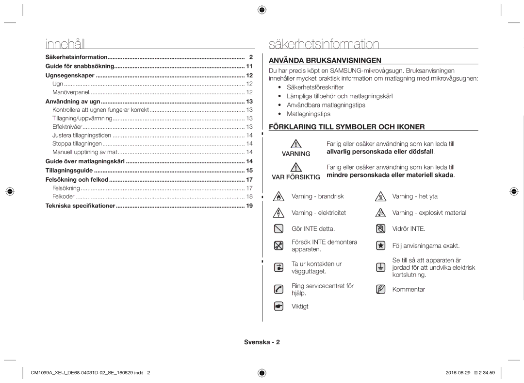 Samsung CM1099A/XEU manual Säkerhetsinformation, Varning VAR Försiktig, Svenska, Kontrollera att ugnen fungerar korrekt 