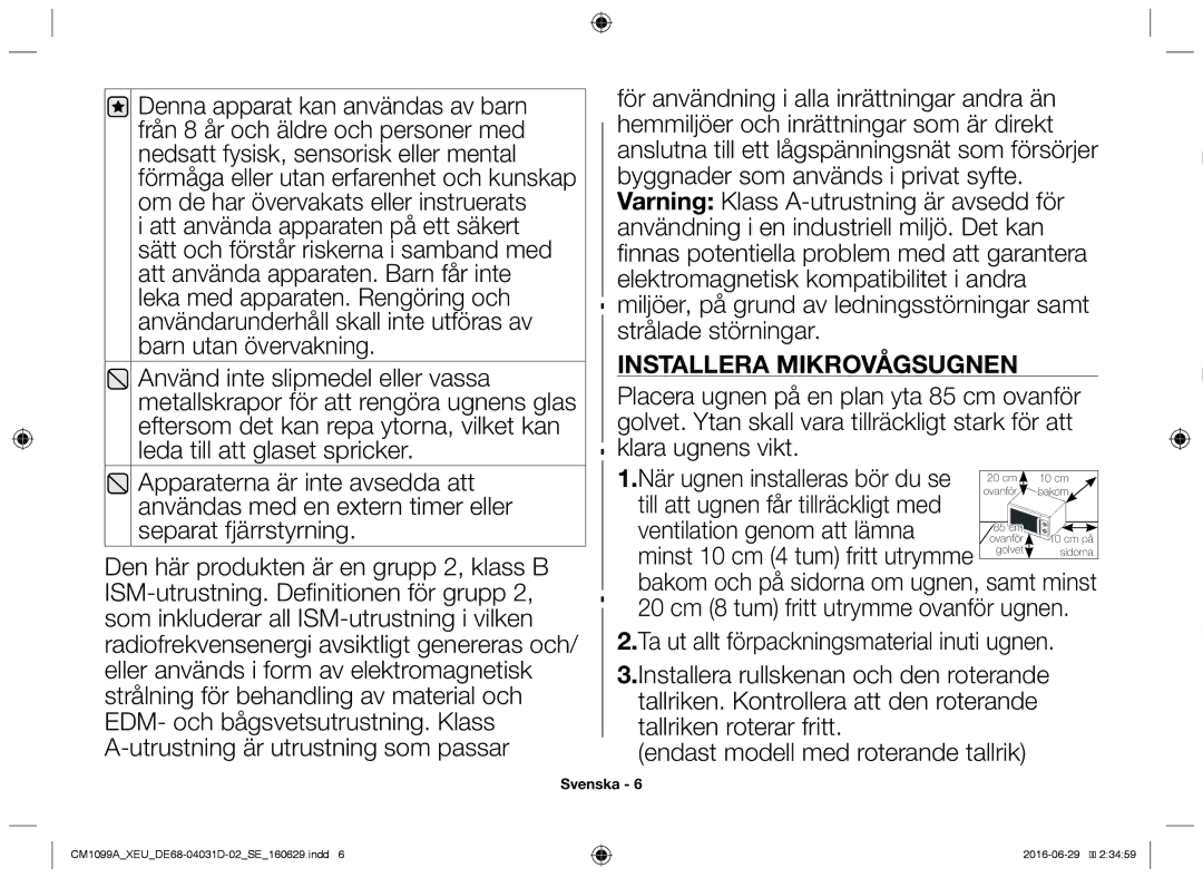 Samsung CM1099A/XEU manual Installera mikrovågsugnen, Till att ugnen får tillräckligt med, Ventilation genom att lämna 