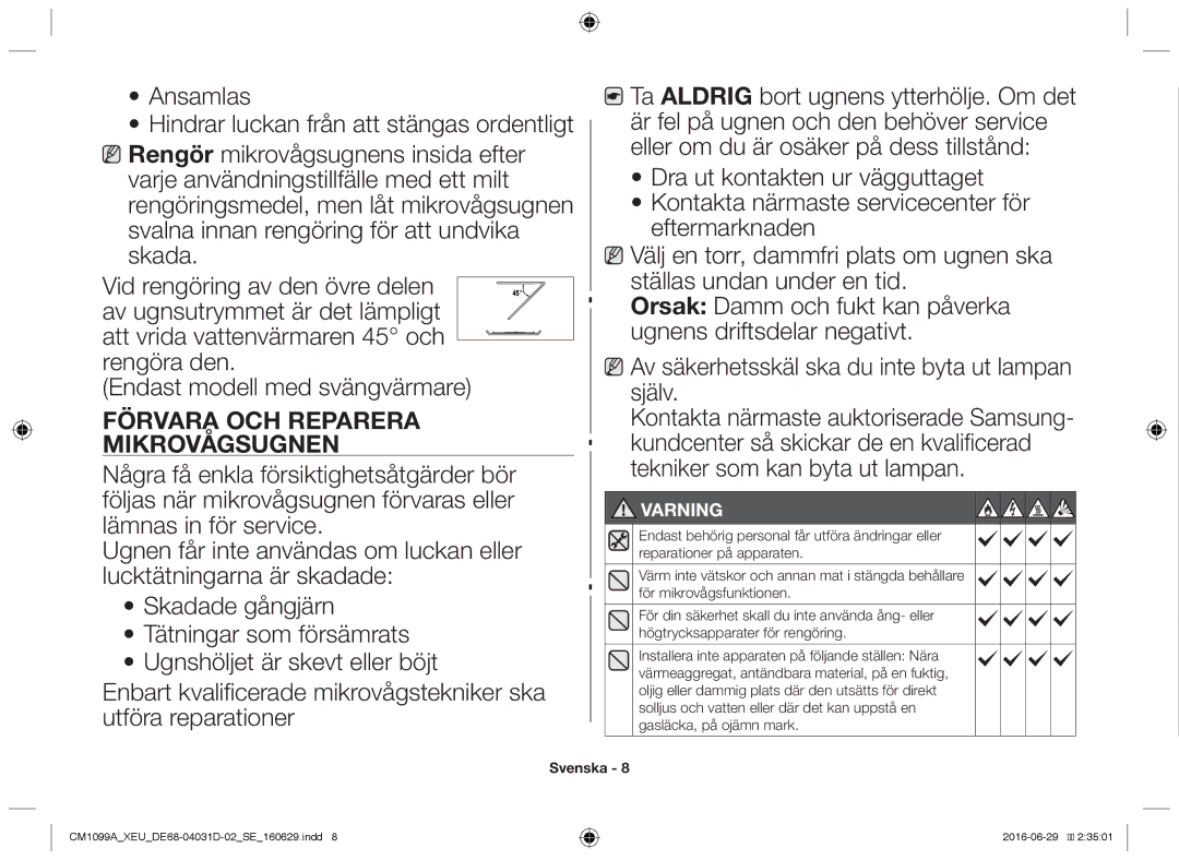 Samsung CM1099A/XEU manual Ansamlas, Förvara och reparera mikrovågsugnen, Tekniker som kan byta ut lampan, Varning 