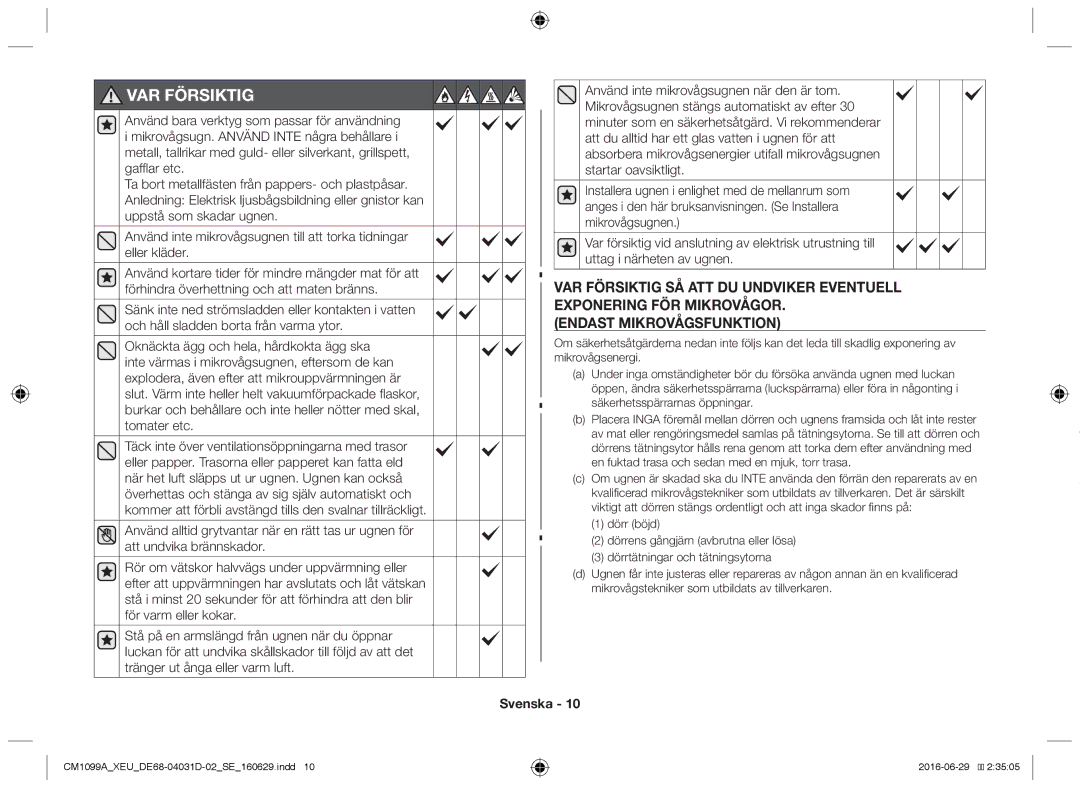 Samsung CM1099A/XEU manual VAR Försiktig, Säkerhetsspärrarnas öppningar 