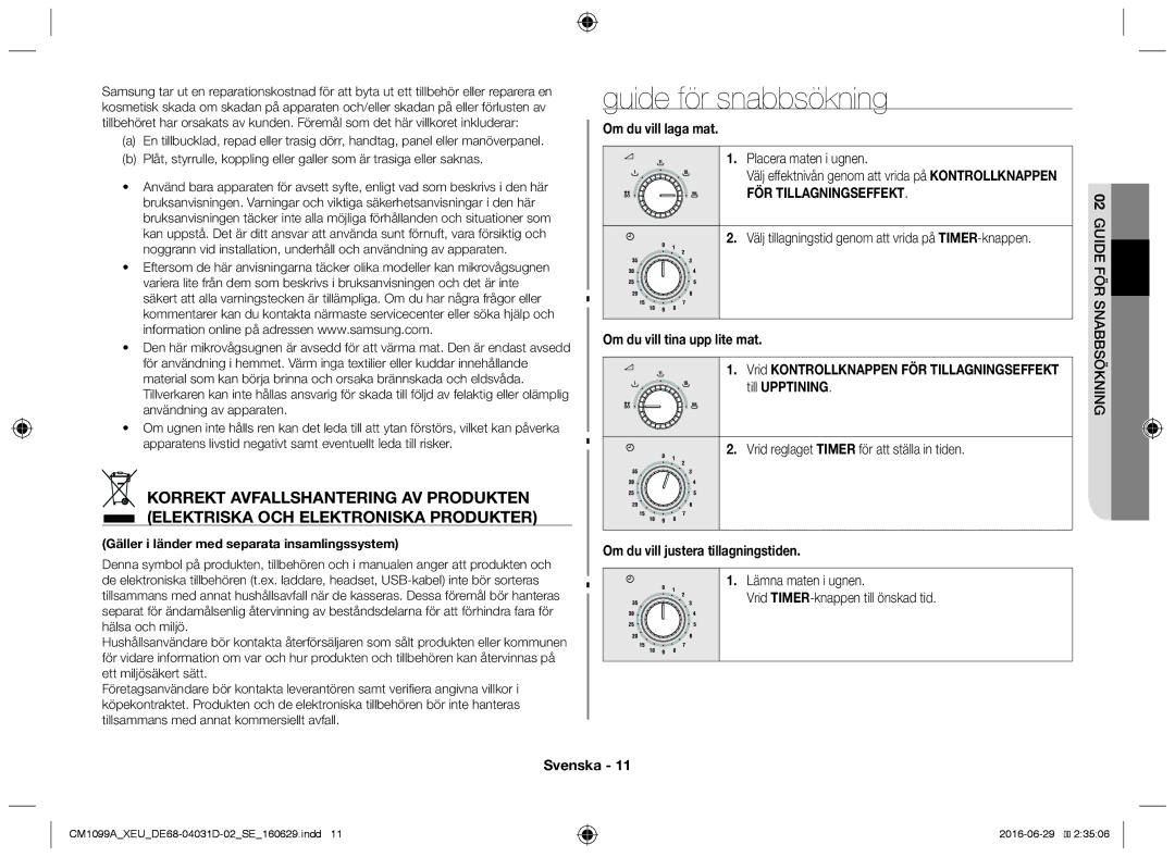 Samsung CM1099A/XEU manual Guide för snabbsökning, Om du vill laga mat, FÖR Tillagningseffekt 