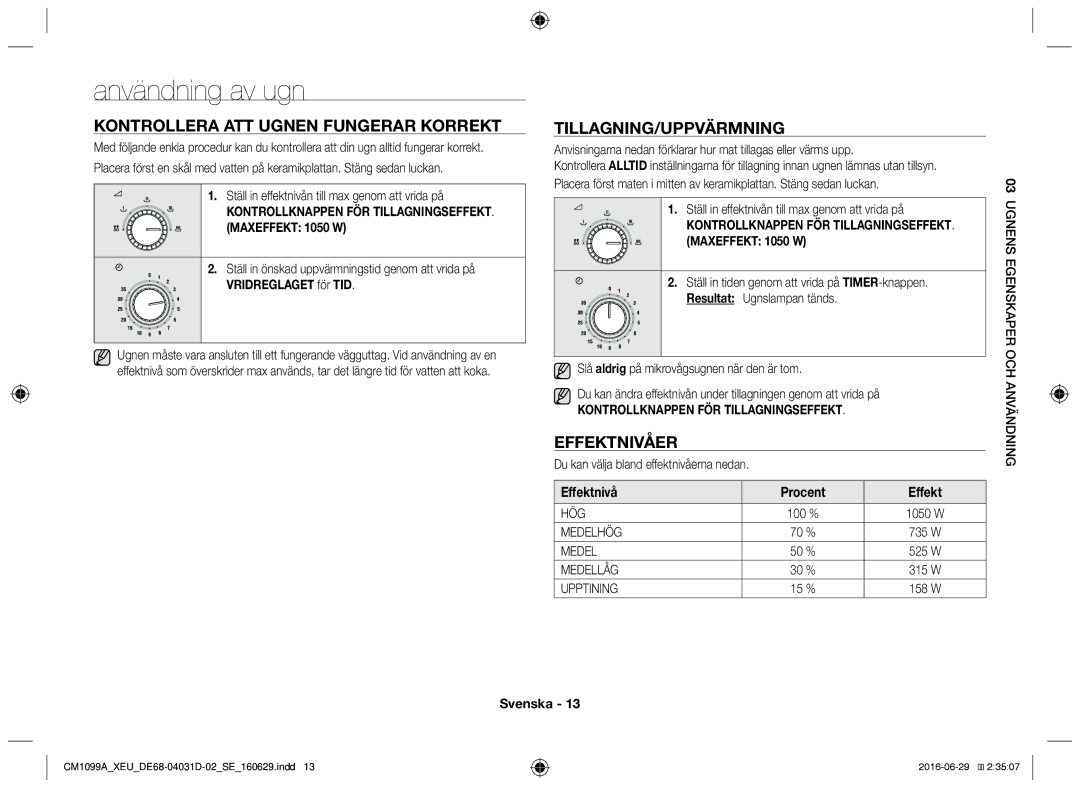 Samsung CM1099A/XEU manual Användning av ugn, Kontrollera att ugnen fungerar korrekt, Tillagning/uppvärmning, Effektnivåer 