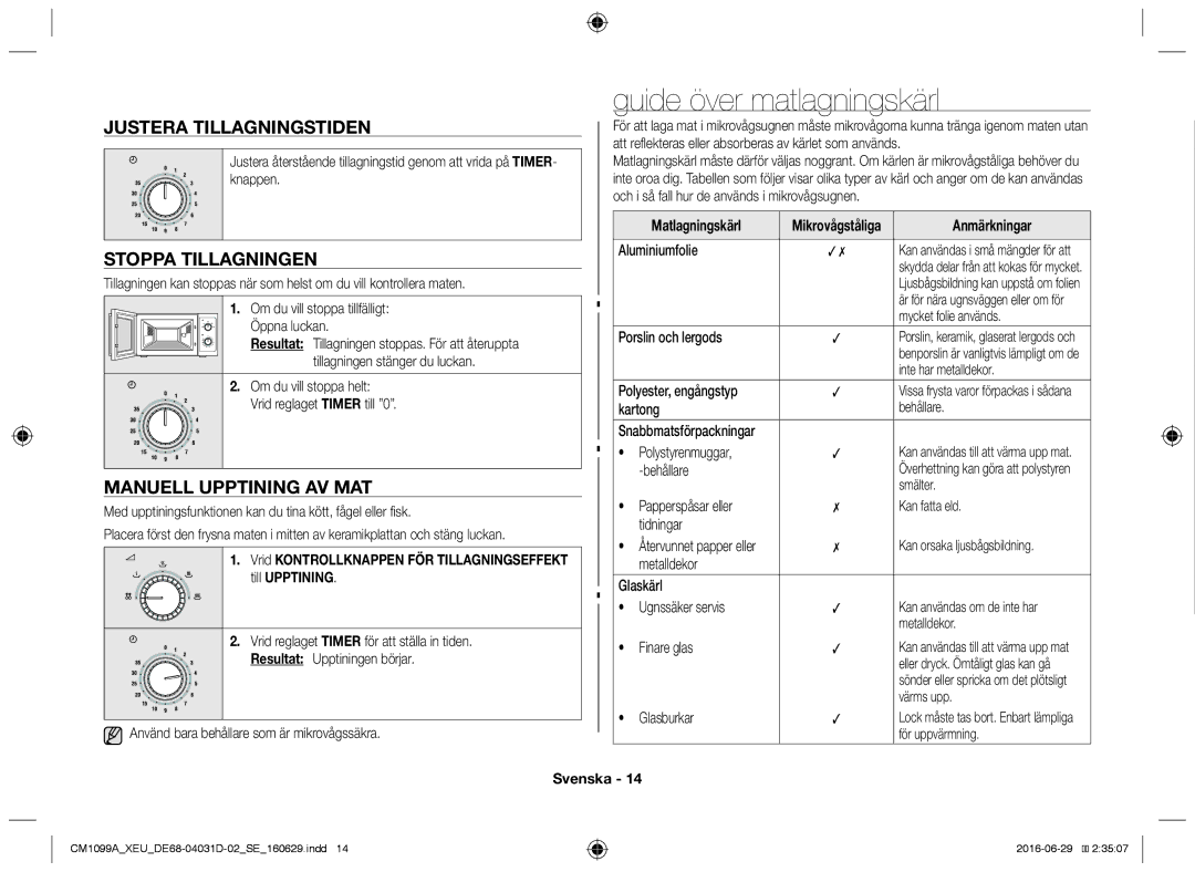 Samsung CM1099A/XEU Guide över matlagningskärl, Justera tillagningstiden, Stoppa tillagningen, Manuell upptining av mat 