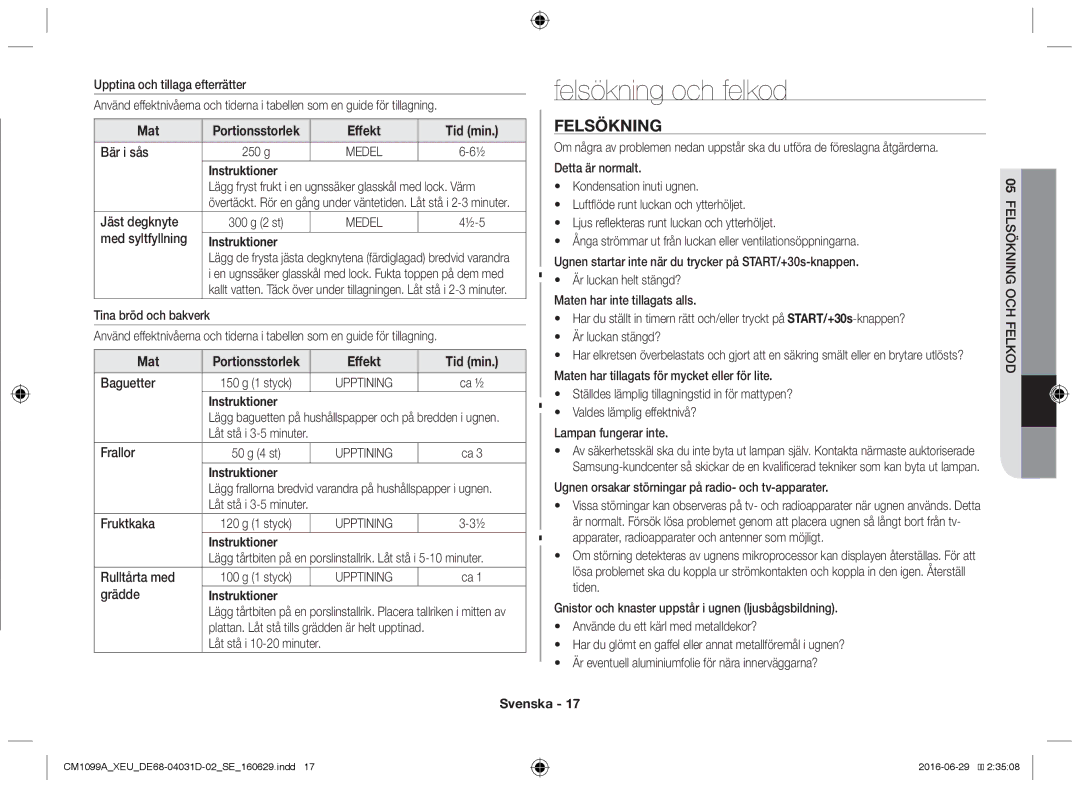 Samsung CM1099A/XEU manual Felsökning och felkod 