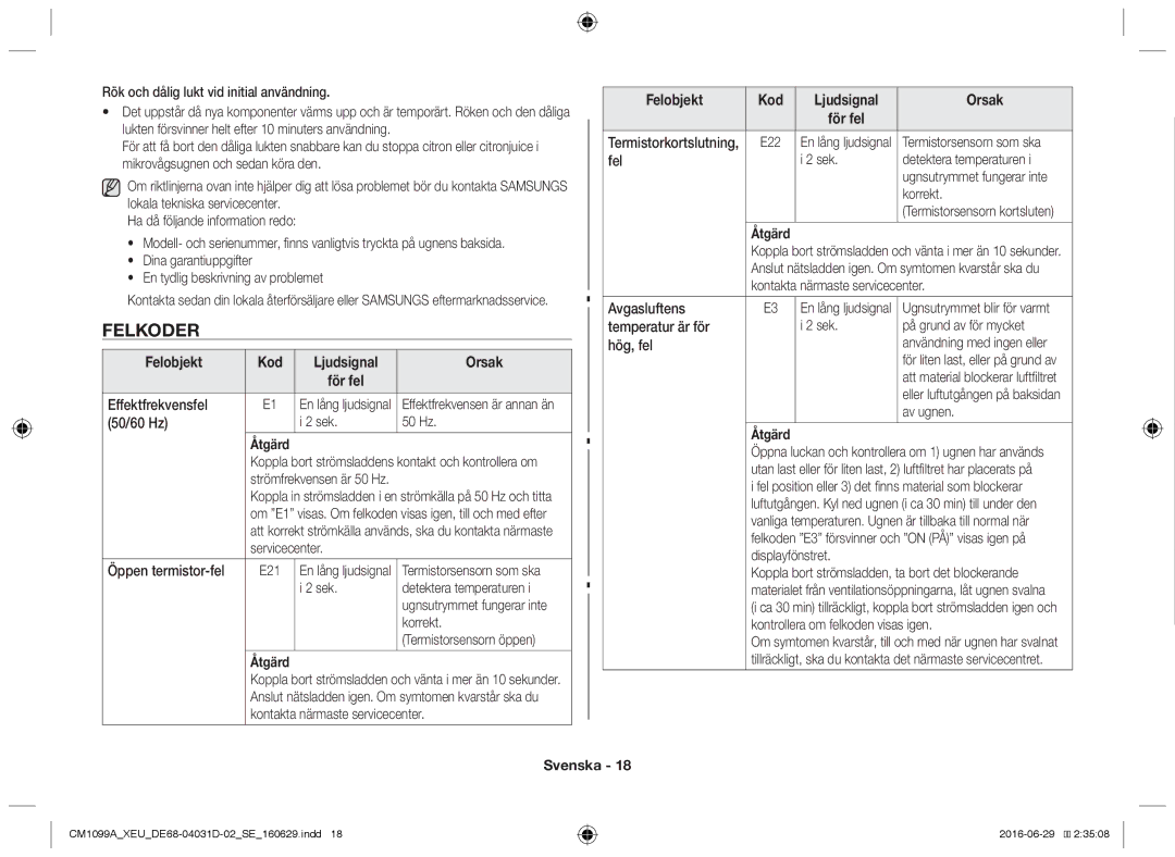 Samsung CM1099A/XEU manual Felkoder, Felobjekt Kod Ljudsignal Orsak, Effektfrekvensfel, 50/60 Hz Sek 50 Hz Åtgärd 