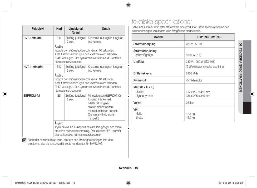 Samsung CM1099A/XEU manual Tekniska specifikationer 