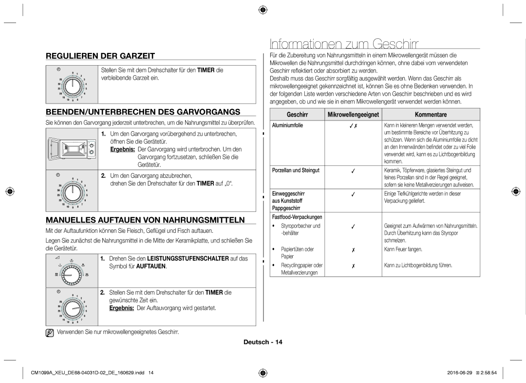 Samsung CM1099A/XEU manual Informationen zum Geschirr, Regulieren der Garzeit, Beenden/Unterbrechen des Garvorgangs 