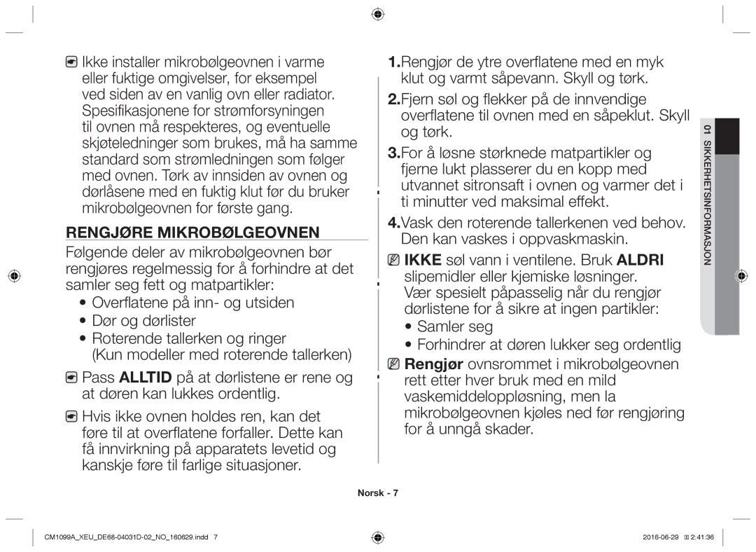 Samsung CM1099A/XEU manual Rengjøre mikrobølgeovnen 