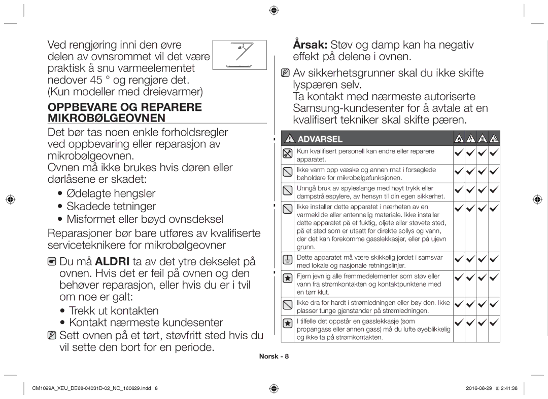 Samsung CM1099A/XEU manual Oppbevare og reparere, Mikrobølgeovnen 