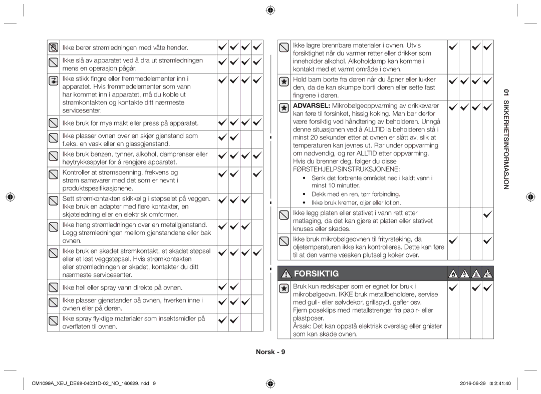 Samsung CM1099A/XEU manual Forsiktig, Førstehjelpsinstruksjonene 