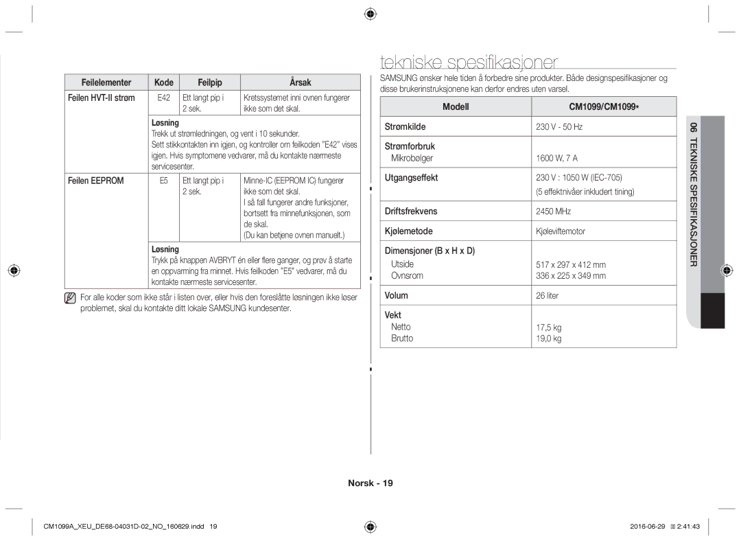 Samsung CM1099A/XEU Tekniske spesifikasjoner, Feilen HVT-II strøm, Trekk ut strømledningen, og vent i 10 sekunder, De skal 