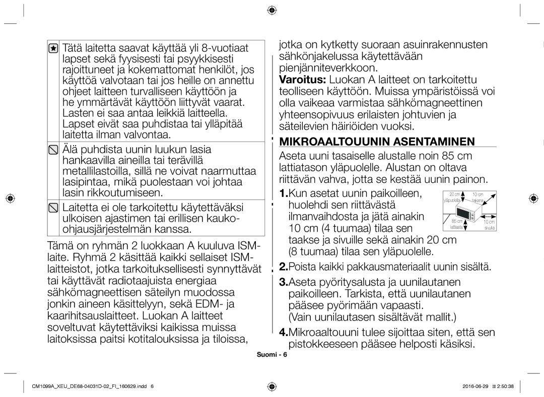 Samsung CM1099A/XEU manual Mikroaaltouunin asentaminen 